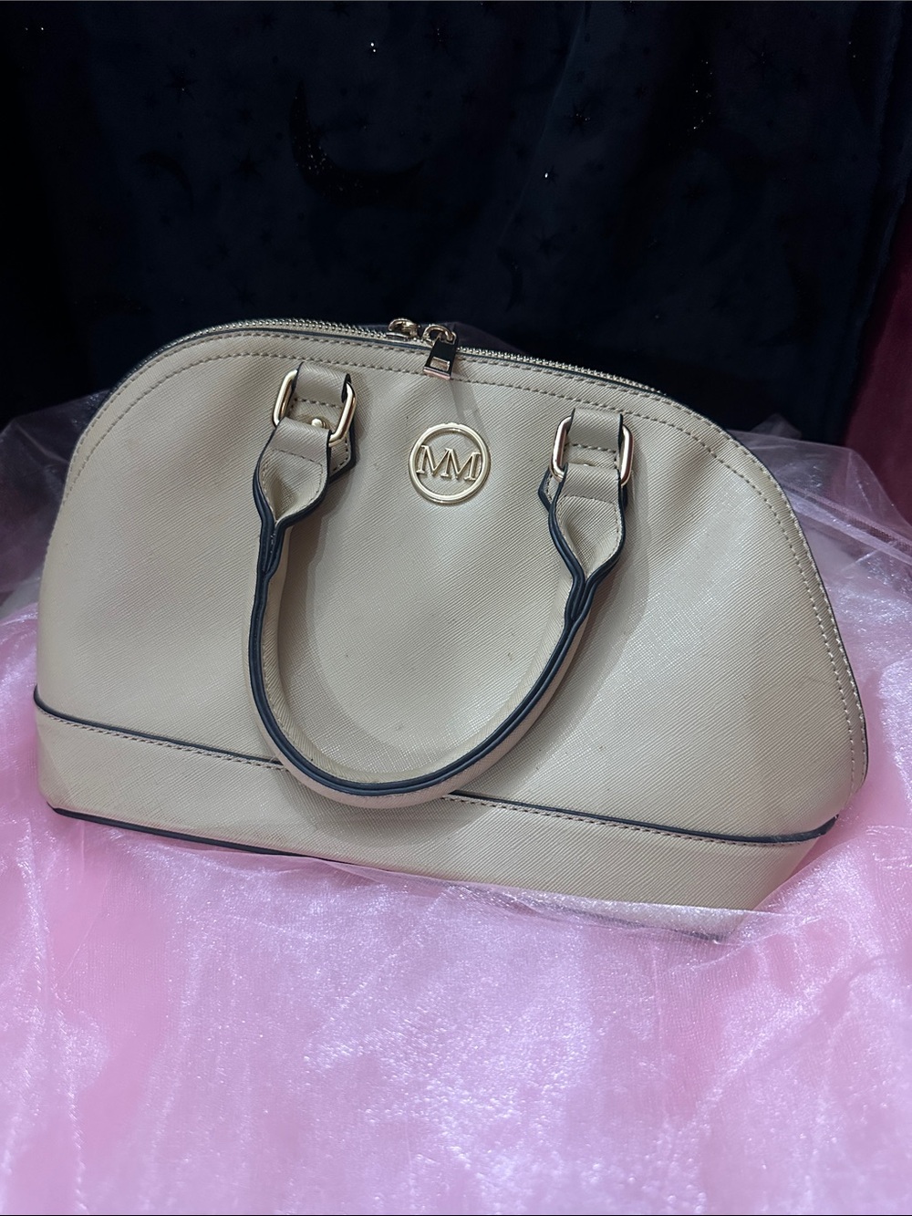 Marilyn Monroe Beige Satchel with Black Trim and Gold Hardware